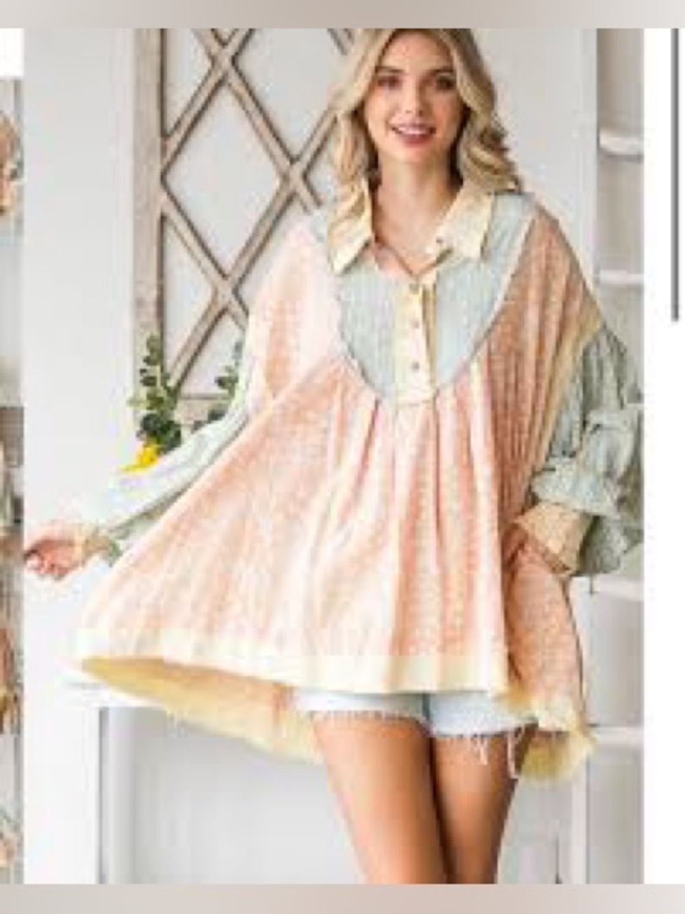 Oil and Hali multicolor long sleeve oversized distressed boho blouse shirt S/M